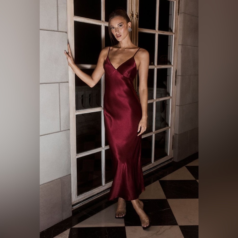 Meshki Wine Satin Slip Midi Dress with Spaghetti Straps - Picture 3 of 6